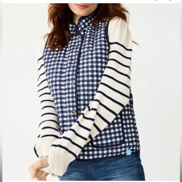 Draper James RSVP Womens Reversible Quilted Checkered Vest Navy White, Sz. M. - Picture 1 of 6